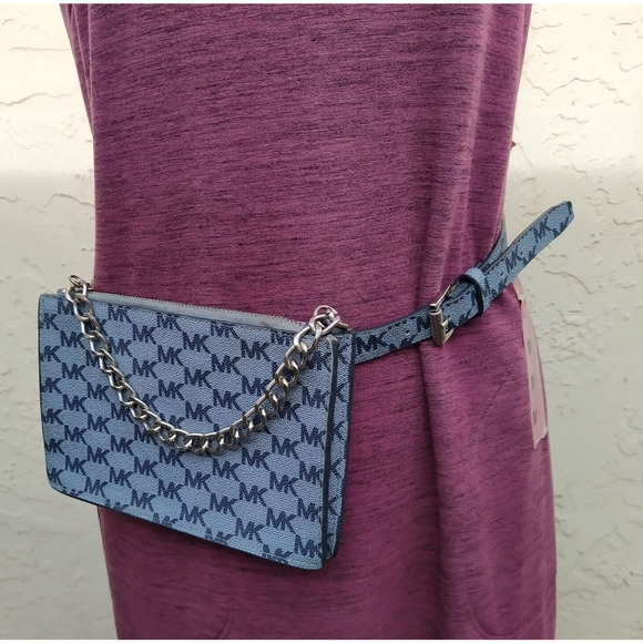 Michael Kors Blue Denim MK Logo Silver Chain Pull Women's Waist Pack Bell Bag - Picture 4 of 16